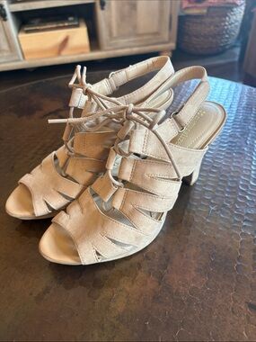 Naturalizer Frankie Suede Lace Up Cage Sandals Block Heel Tan Size 8